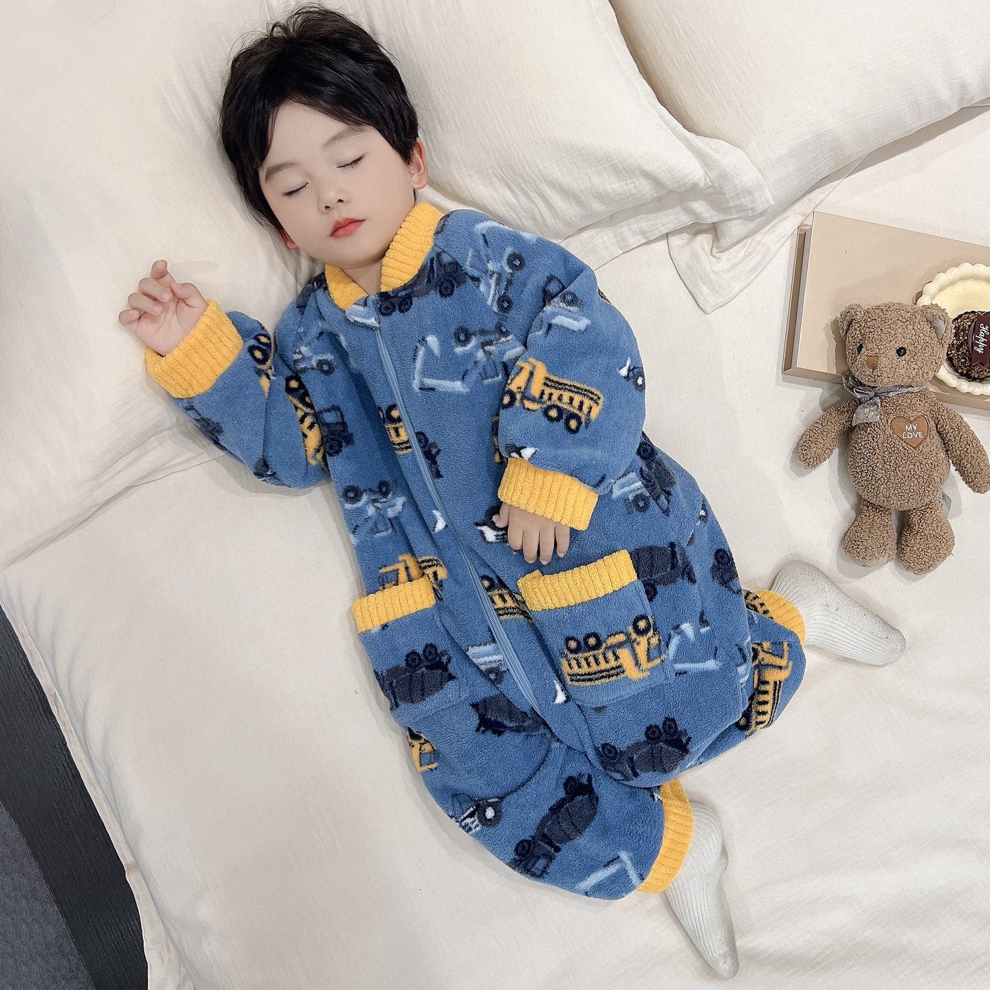 儿童连体睡衣秋冬季珊瑚绒男宝宝防踢被保暖睡袋男童法兰绒家居服