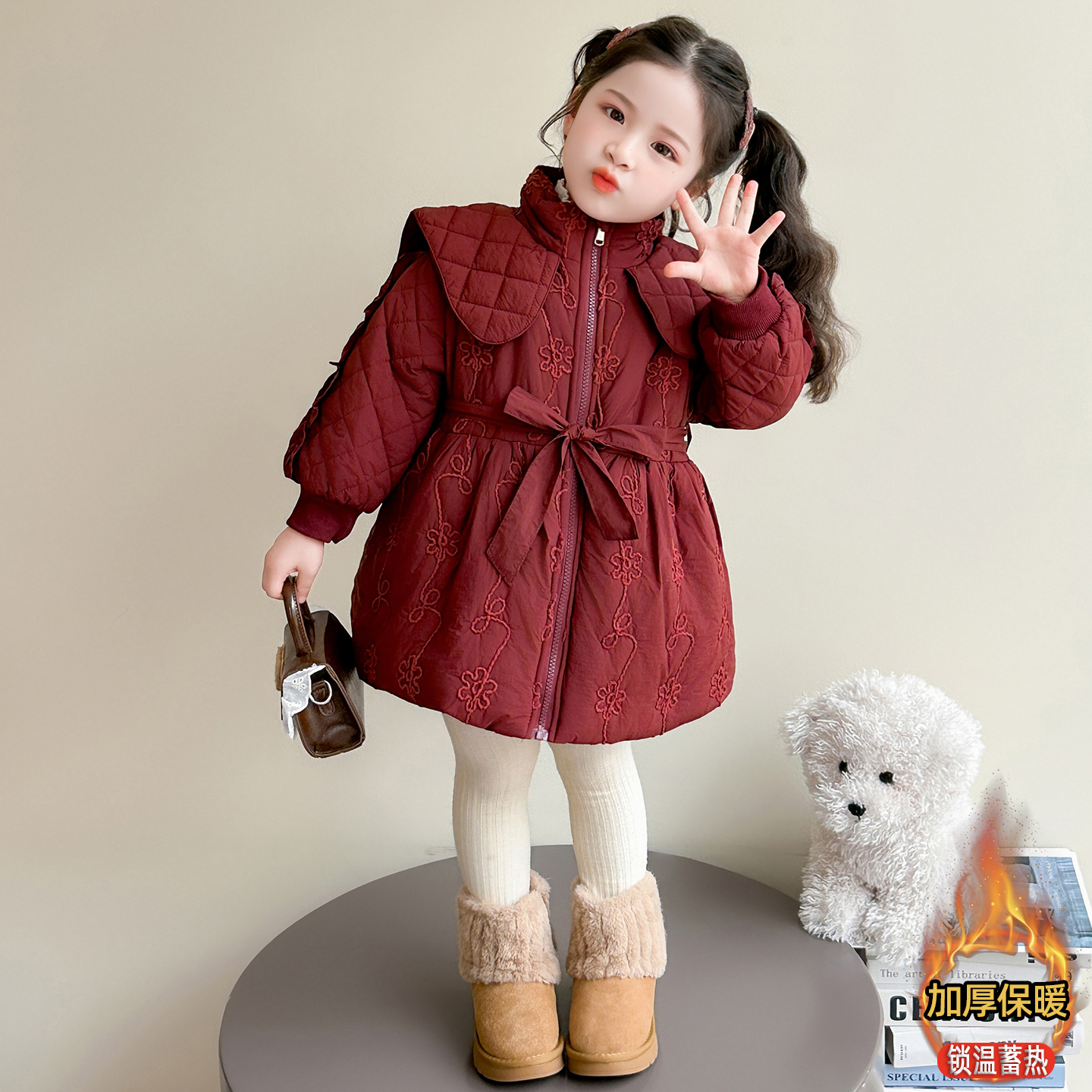 女童夹棉外套2025秋冬季新款儿童宝宝洋气百搭红色加厚中长款棉服
