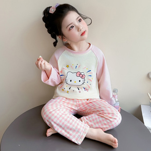 女童睡衣套装2026春秋新款小童长袖纯棉KT猫家居服儿童可爱空调服