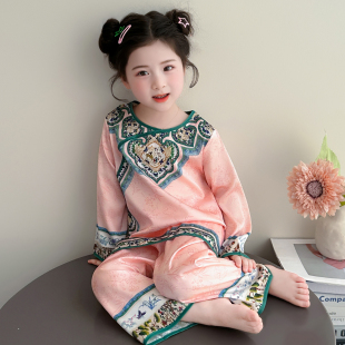 女童冰丝睡衣春秋款女宝宝国风长袖套装儿童夏季薄款新中式家居服