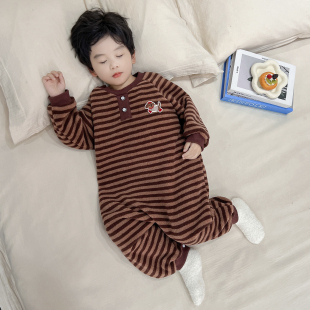 男童法兰绒连体睡衣2025新款秋冬季男孩珊瑚绒家居服儿童加厚爬服