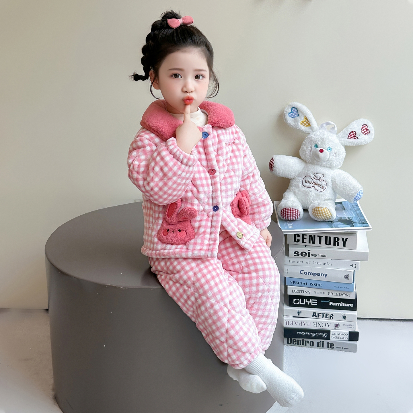 女童三层夹棉睡衣冬季女宝宝加绒加厚法兰绒家居服儿童珊瑚绒套装