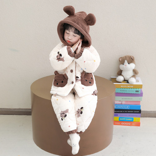 男童睡衣三层夹棉法兰绒2025冬季新款儿童家居服套装珊瑚绒加厚款