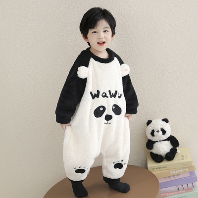 男童珊瑚绒连体睡衣秋冬季新款儿童双层保暖家居服男孩法兰绒爬服