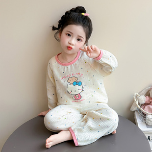女童睡衣纯棉套装春秋新款儿童宝宝棉纱布长袖套头KT猫居家空调服