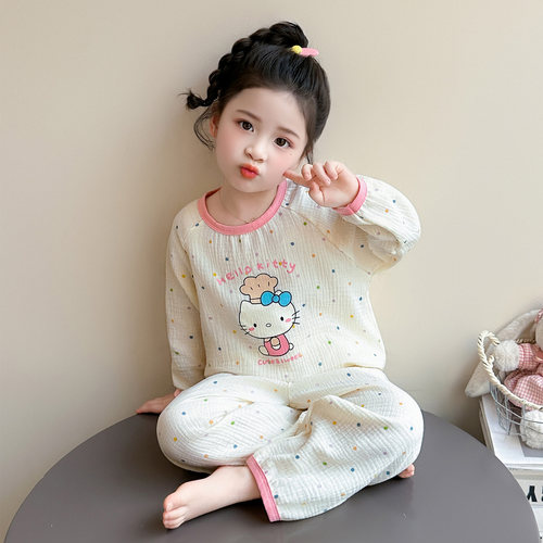 女童睡衣纯棉套装春秋新款儿童宝宝棉纱布长袖套头KT猫居家空调服