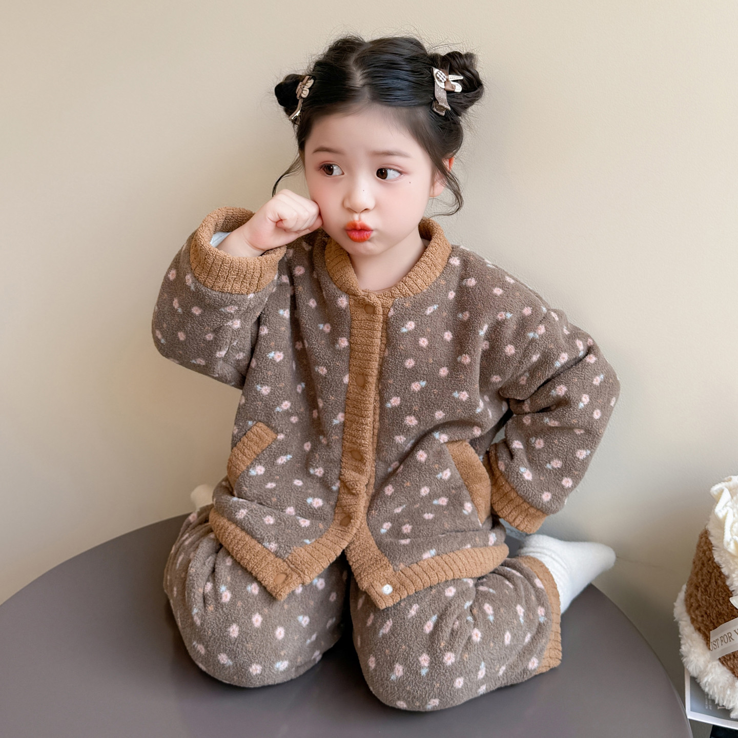 女童睡衣2025秋冬新款女孩碎花双层加厚开衫套装儿童法兰绒家居服
