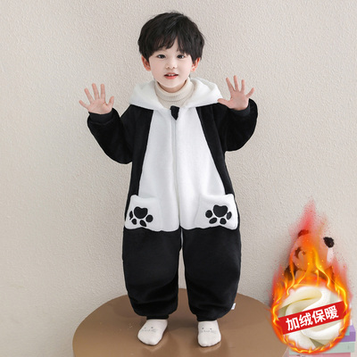 男童连体睡衣秋冬款儿童法兰绒双层夹棉睡袋宝宝加厚熊猫连体爬服