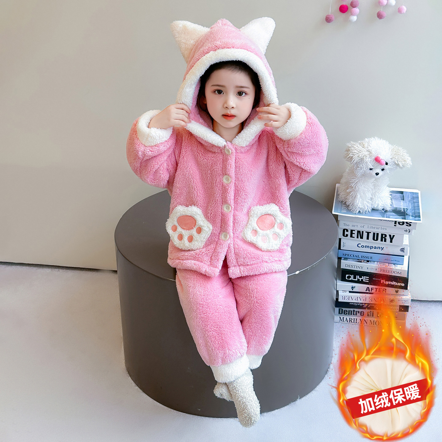 女童睡衣冬季新款小女孩法兰绒双层加厚套装儿童珊瑚绒连帽家居服