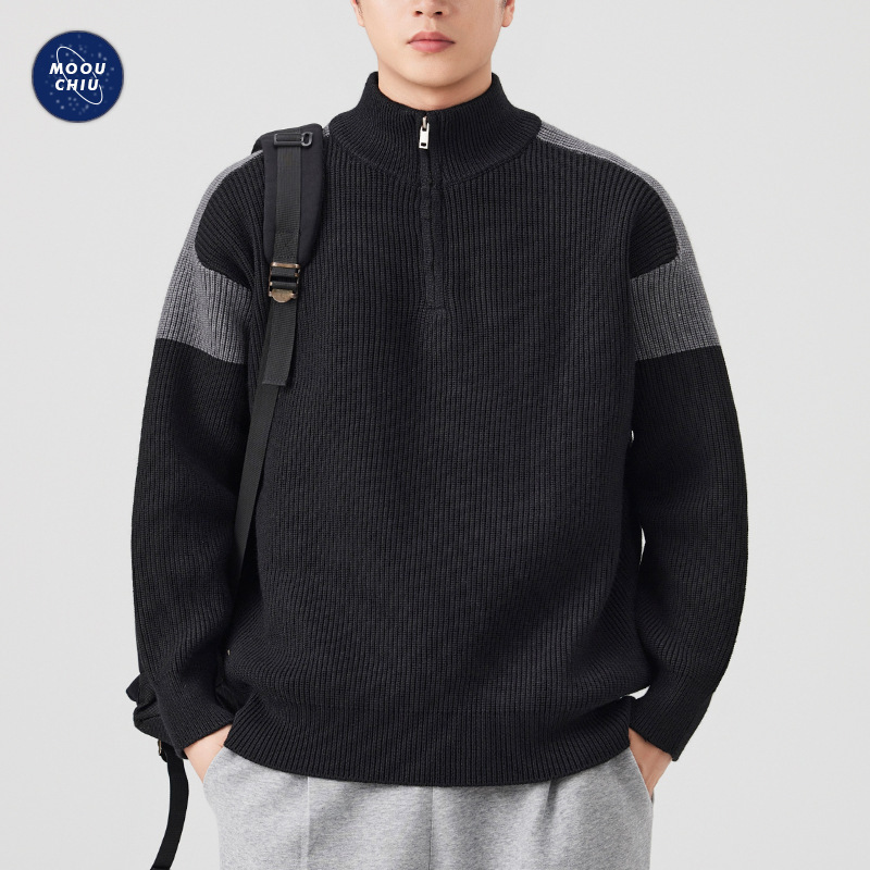 沐丘男装∣半高领拉链拼色毛衣男美式通勤重磅保暖肌理感针织毛衫