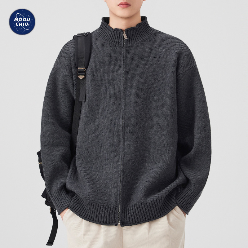 沐丘男装∣2025秋冬新款半高领卷边开衫毛衣男宽松针织衫外套上衣