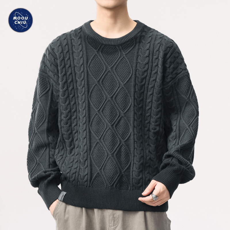 沐丘男装∣2025秋冬新款美式粗针麻花针织衫男士重磅宽松复古毛衣