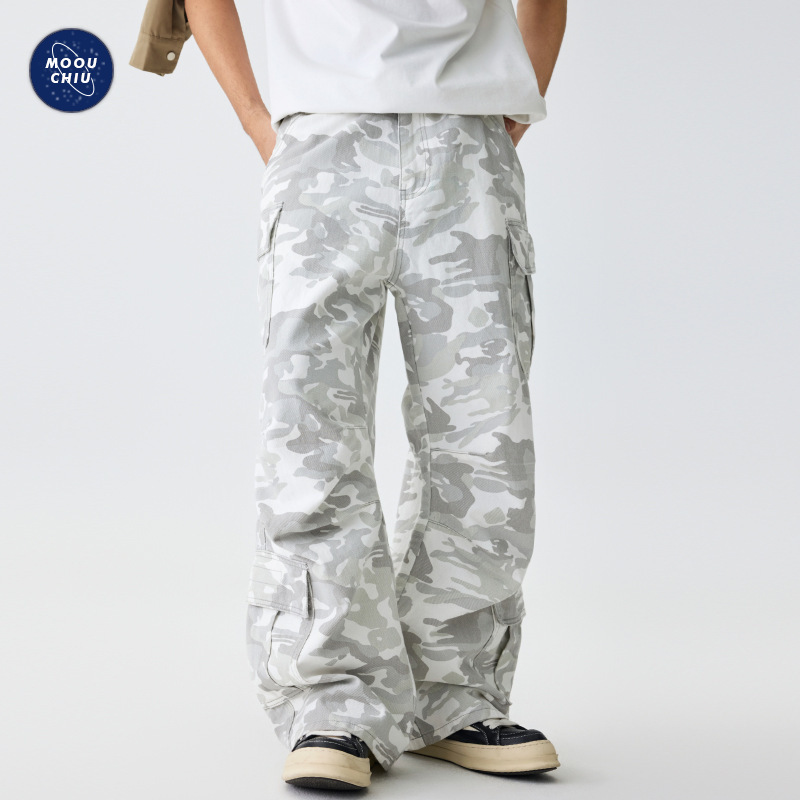 沐丘男装∣雪地迷彩多口袋工装裤男宽松复古机能高街阔腿休闲长裤