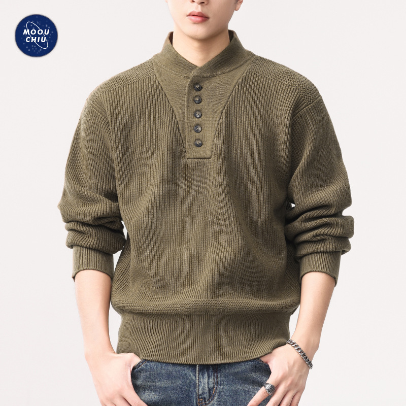 沐丘男装∣半开领美式重磅复古加厚保暖亨利领毛衣男士宽松针织衫