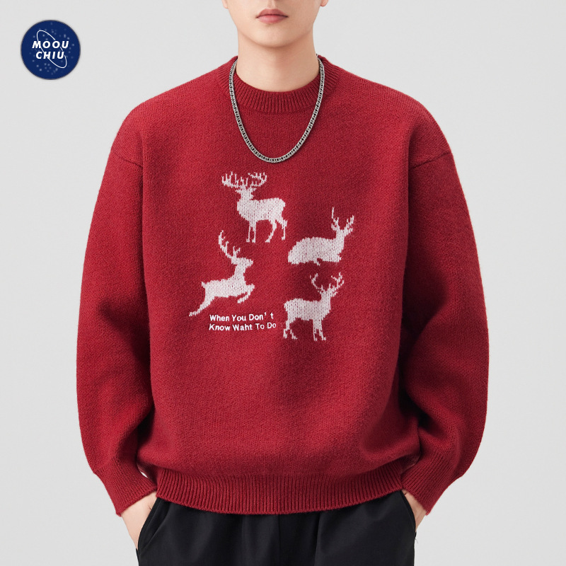 沐丘男装∣麋鹿印花毛衣男女宽松慵懒风情侣针织毛衫保暖休闲线衣