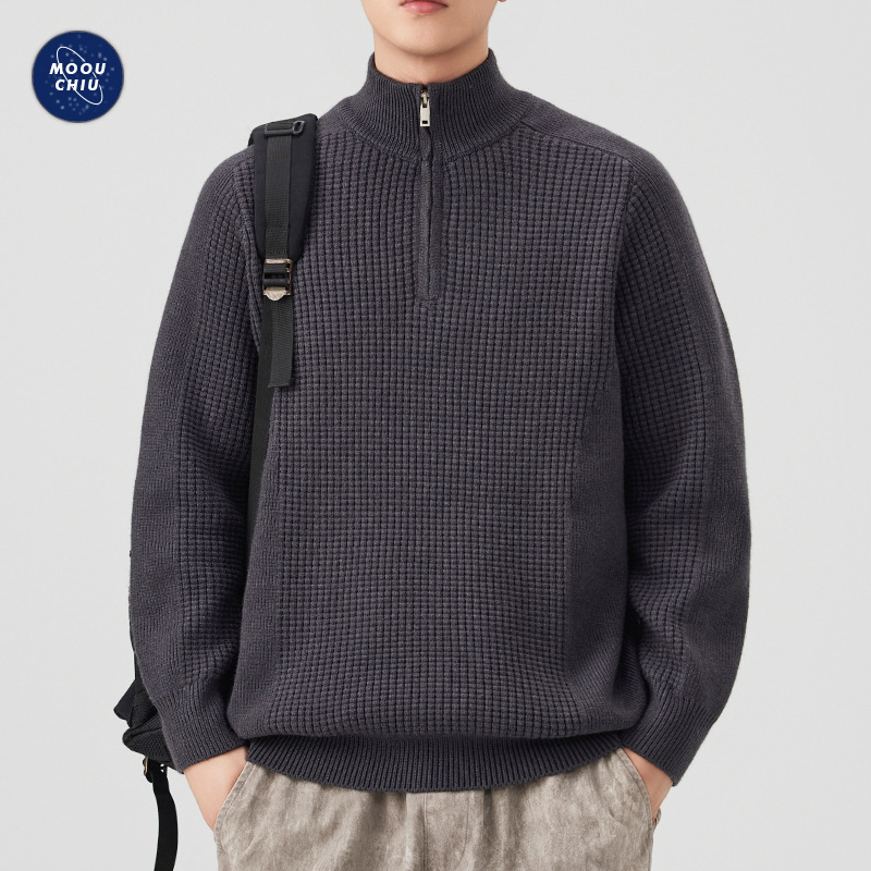 沐丘男装∣半高领拉链菠萝格针织毛衣男宽松慵懒风休闲保暖粗线衣
