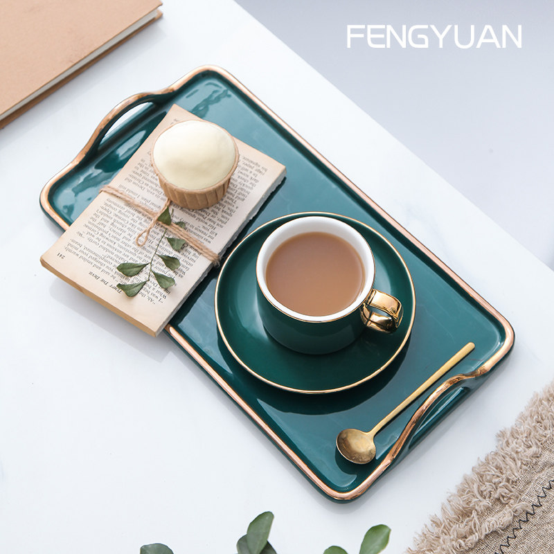 陶瓷置物盘子轻奢北欧家用花茶茶具茶杯水杯托盘长方形饰品收纳盘