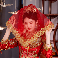 中国风结婚新娘红盖头半透明头纱软纱秀禾服喜帕中式复古蒙头巾红