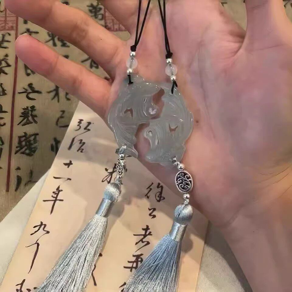 新中式水墨双鱼玉佩压襟礼物图片