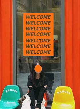 车载好物WELCOME玻璃门贴纸简约ins风橙色服装店橱窗防撞欢迎背景