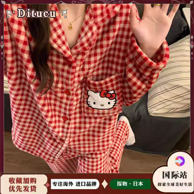 日本Ditucu秋冬珊瑚绒加厚睡衣女格子可爱卡通猫咪居家保暖服