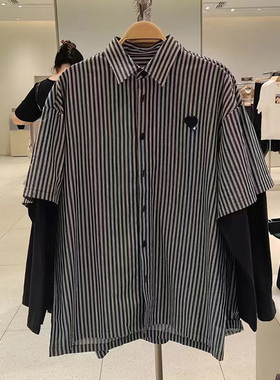 2023男装春秋季休闲宽松假两件长袖外套图案条纹衬衫umv230011