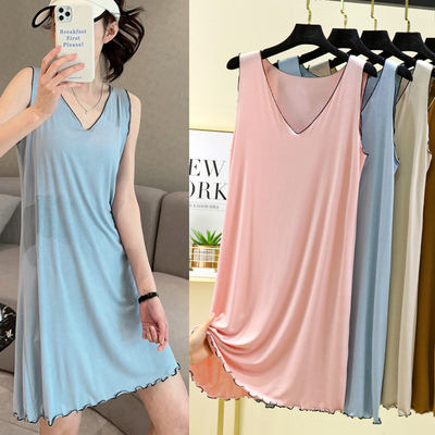 春夏荷叶边V领打底裙莫代尔连衣裙女百搭背心裙宽松家居睡裙大码