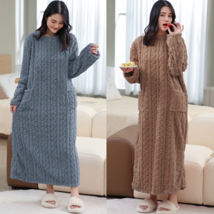 秋冬季日系珊瑚绒加绒加厚睡裙长裙家居服长袖连衣裙过膝女裙大码