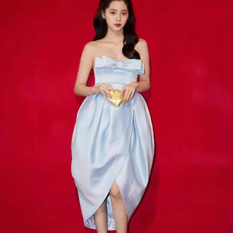 欧阳娜娜同款缎面连衣裙女春夏2022新款蝴蝶结露肩开叉裹胸礼服裙