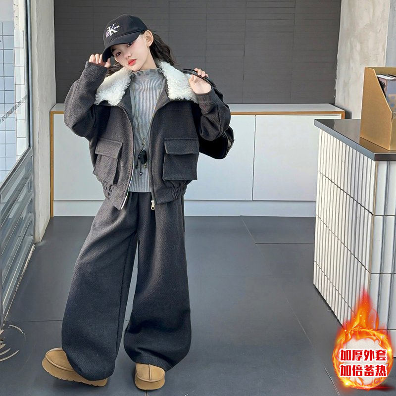 女童呢子套装秋冬款洋气时髦加棉加厚毛呢工装外套阔腿裤两件套潮