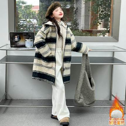 女童外套秋冬装洋气中长款连帽羊羔毛大衣加绒加厚皮毛一体毛毛衣