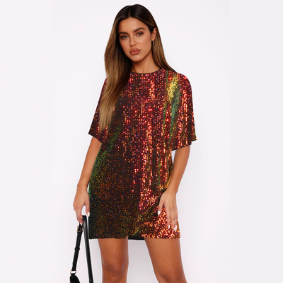 希音爆款跨境现货欧美v领亮片裙装宽松优雅精致两穿款连衣裙