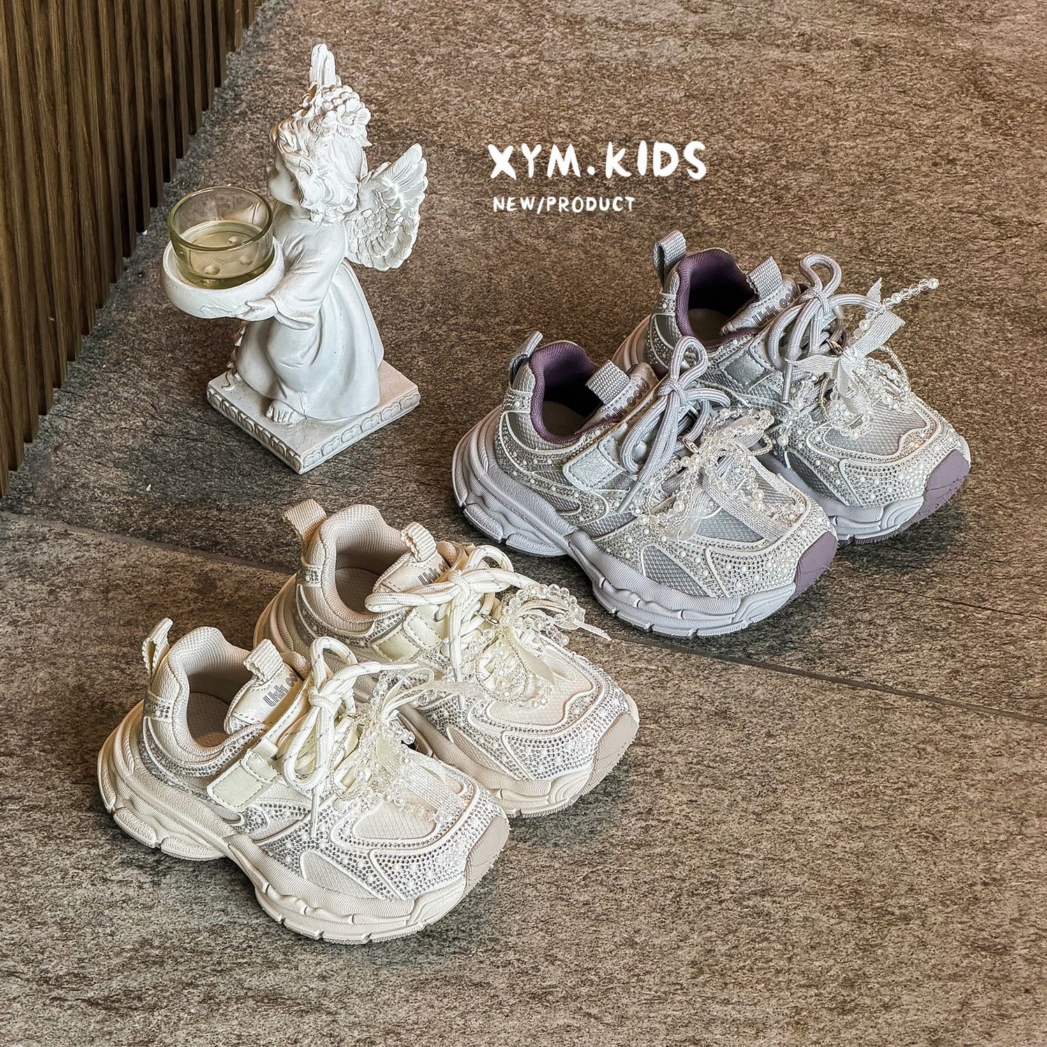 2026女童水钻珍珠蝴蝶结老爹鞋