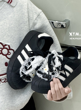 2025冬新款加绒韩版卡通可爱蕾丝女童贝壳板鞋防滑软底儿童运动鞋