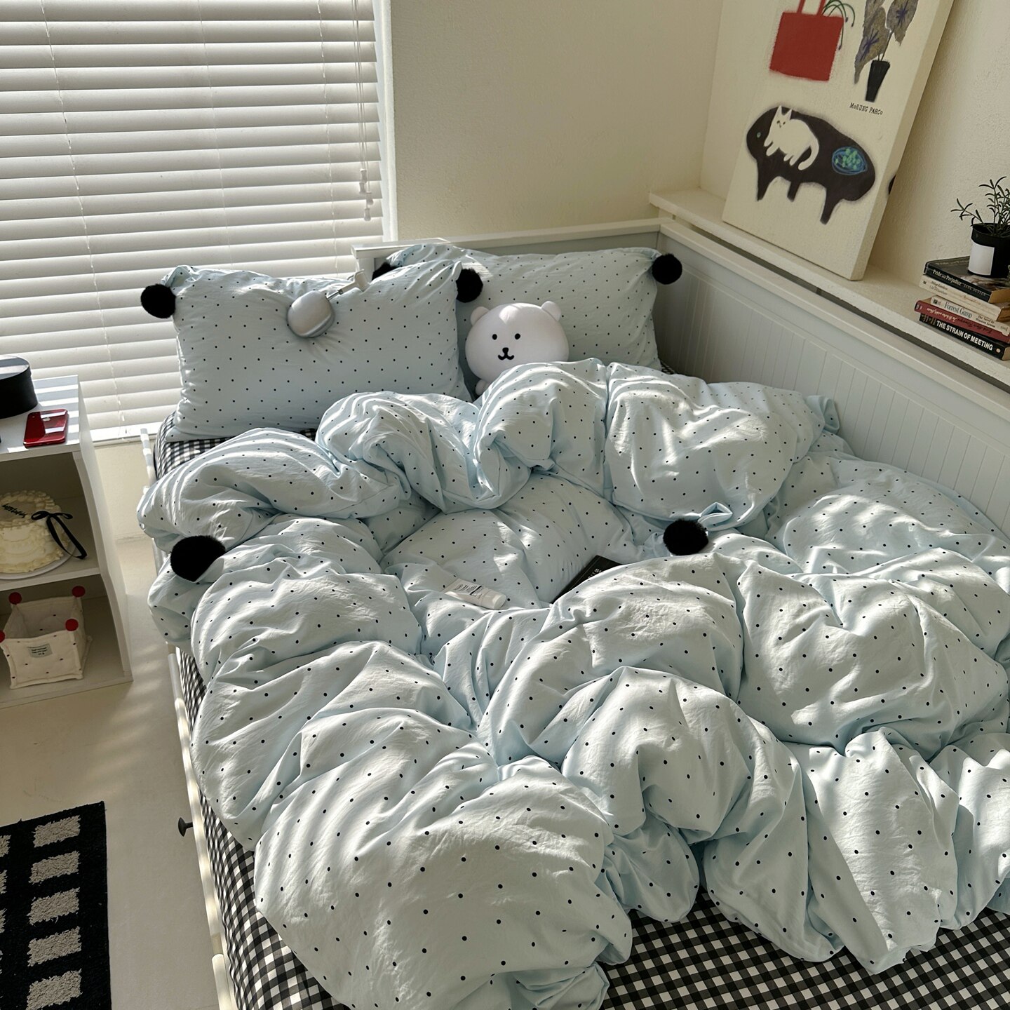 2026早春新品水洗磨毛四件套 简约ins波点球球款黑格子床单被套软