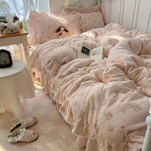 复古风花边碎花被套床单 加厚保暖法式 床裙款 秋冬牛奶绒四件套