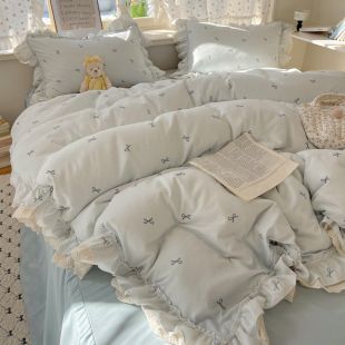 韩式 公主风蓝色蝴蝶结双层纱花边床上四件套少女心柔软被套床单品