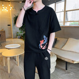 2021夏季风亚麻套装男士棉麻短袖T恤大码九分裤套装P70，男装套装，星座217-5