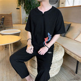 2021夏季风亚麻套装男士棉麻短袖T恤大码九分裤套装P70，男装套装，星座217-5