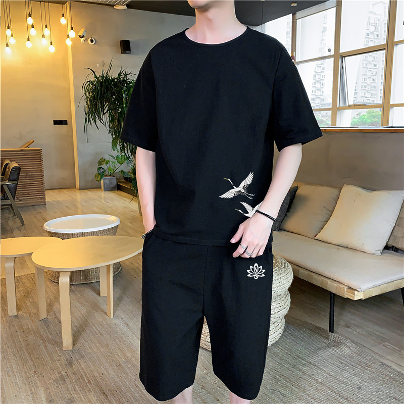风夏季新款套装男休闲印花棉麻短袖短裤大码复古套装P65,男装休闲套装,星座217-5
