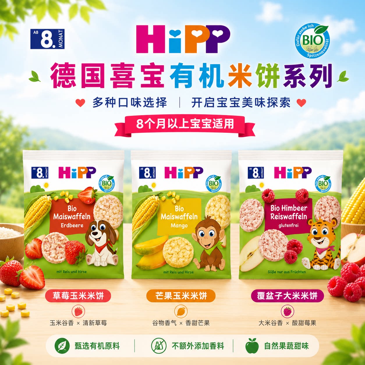 德国进口喜宝HiPP有机米饼大米水果谷物磨牙饼无添加无盐8月+直邮