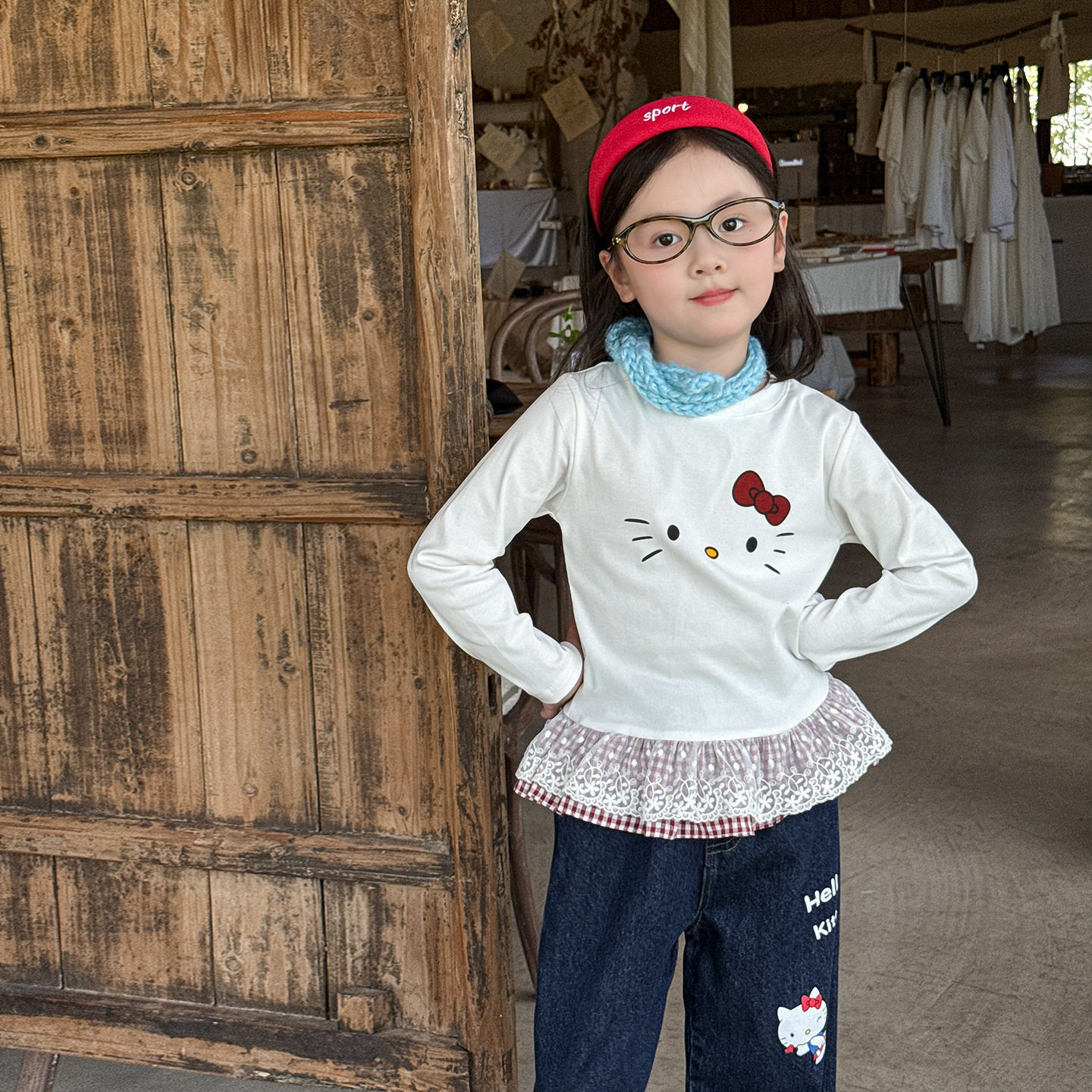 初茉童装女童春装2026新款儿童卡通长袖t恤牛仔裤套装女宝宝衣服