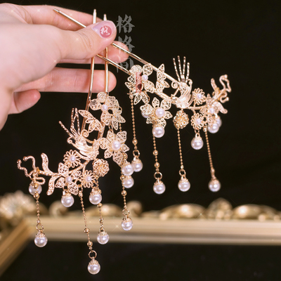 格格间原创设计【月恒】铜流苏宝石珍珠发钗步摇掩鬓古风汉服配饰