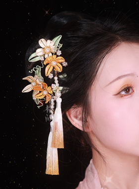 格格间原创【迎春】缠花缉珠黄绿色花朵发夹儿童古风珍珠花朵流苏