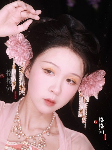 格格间虞美人纱花流苏发夹