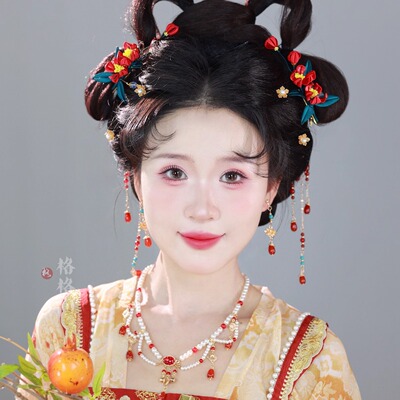 原创清和红色汉服发饰套装
