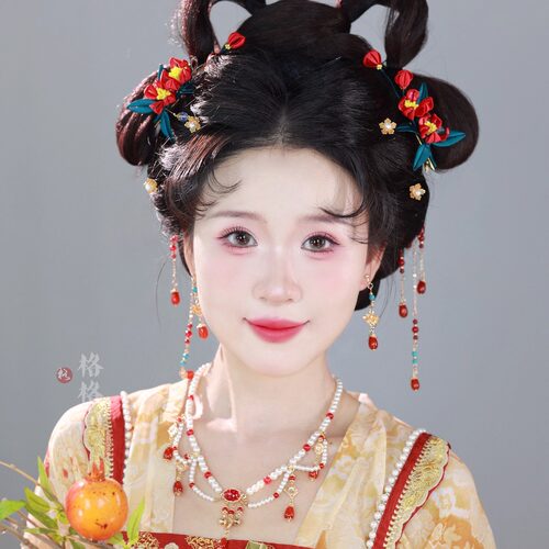 原创清和红色汉服发饰套装