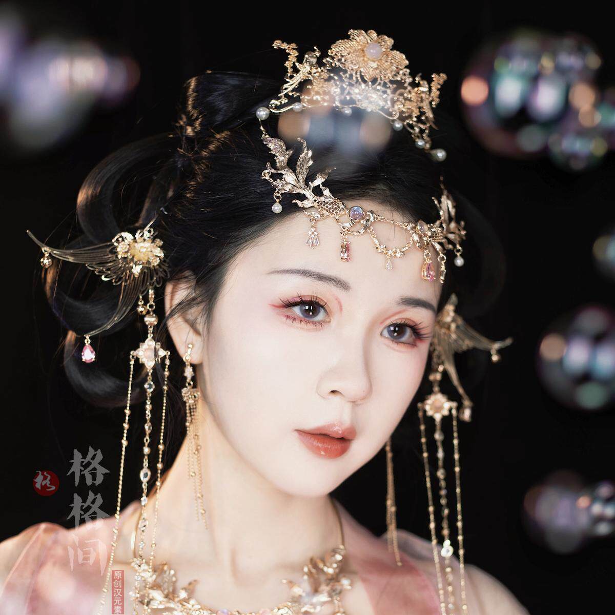 格格间原创【小鲛人】粉色流苏宝石发冠异域西域公主额冠额链配饰