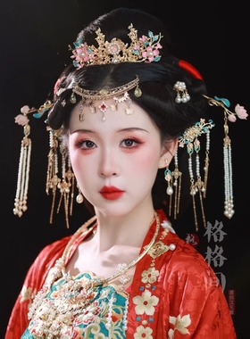 格格间原创【泽仙】金色烧蓝华丽明制汉服凤冠霞帔新娘发冠套装