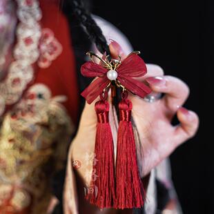 格格间原创蝴蝶结发扣红色新喜庆年流苏汉服头饰古风配饰百搭珍珠